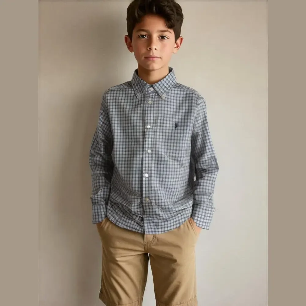Ralph Lauren Boys Shirt 5 Button Down Dress Navy Blue White Forest Green Plaid